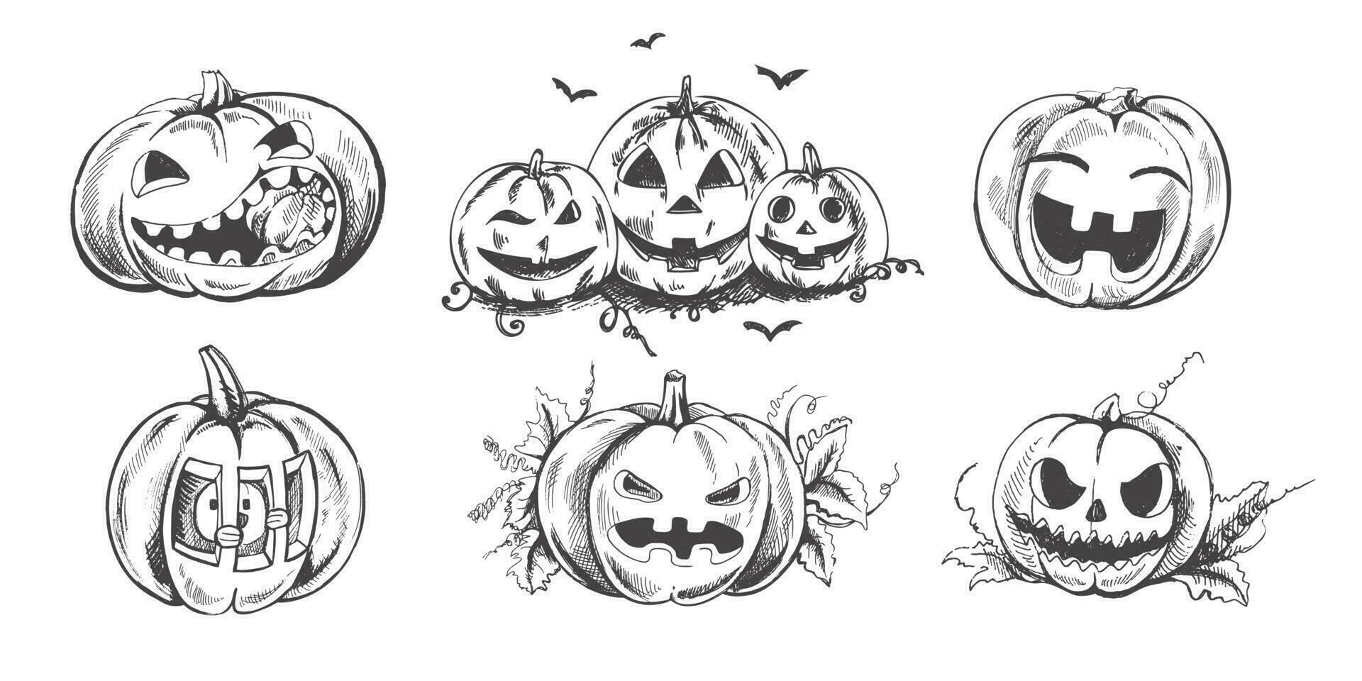 Set of halloween scary and funny pumpkins  in sketch style. Hand drawn vector illustration  isolated on white  background.