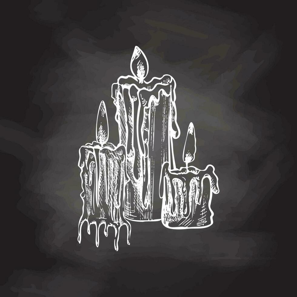 Hand drawn sketch of burning candles. Vector illustration of a vintage style. Halloween or Christmas drawing isolated on chalkboard background.