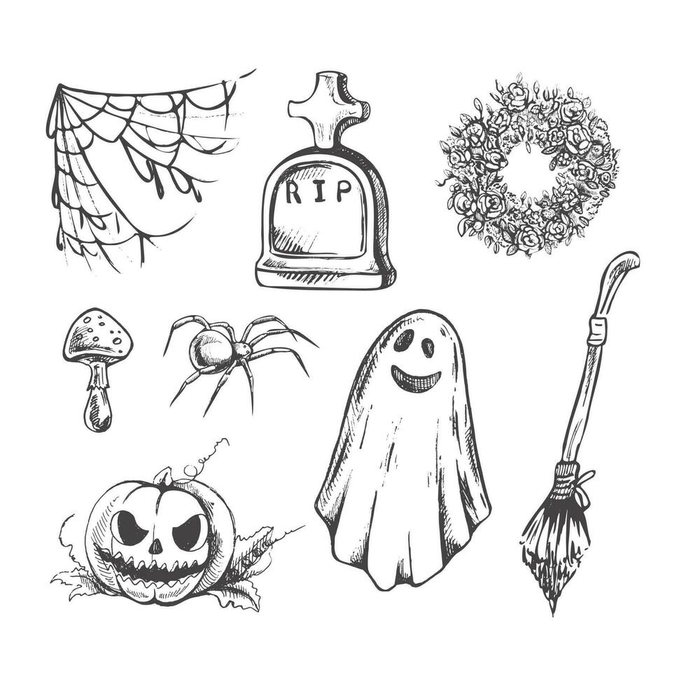 Set of halloween elements in sketch style.  Hand drawn vector spider web, spider, tombstone, fly agaric, funeral wreath, scary pumpkin, broom and ghost  isolated on white