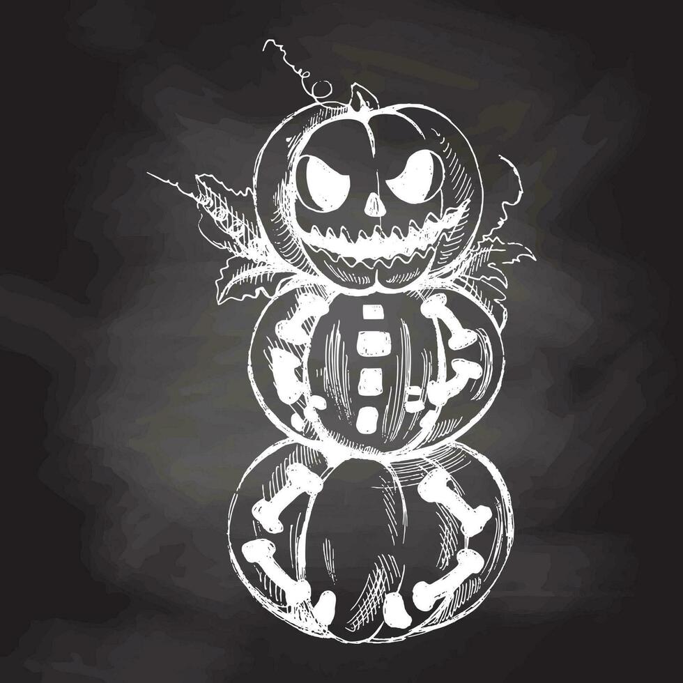 Vector hand drawn Halloween  Illustration. Detailed retro style hand-drawn funny and scary pumpkin sketch isolated on chalkboard  background. Vintage sketch element for labels.