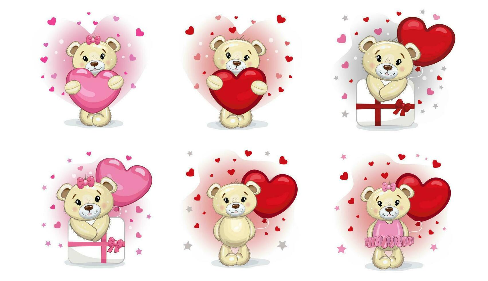 Cute Teddy bears love set.  Cartoon style illustration. Teddy bear, present, heart isolated on white background. vector