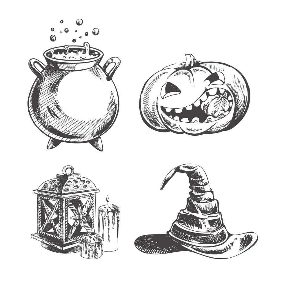 Set of halloween elements in sketch style.  Hand drawn vector pointed hat, pumpkin, cauldron, lantern and candles  isolated on white  background.