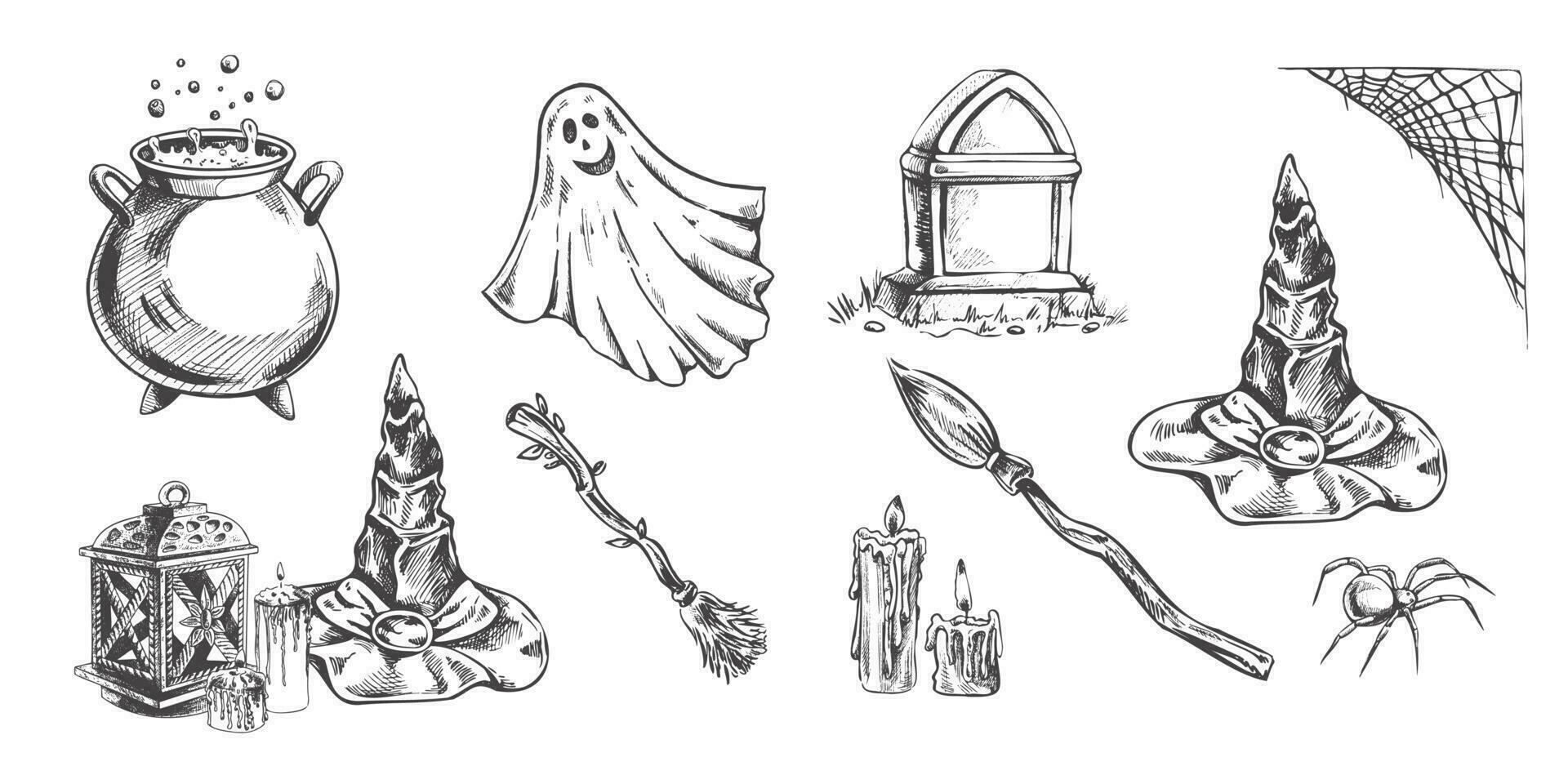 Set of halloween elements in sketch style.  Hand drawn vector cauldron,  spider web,  ghost, pointed hat, broom, tombstone, spider and lantern with candles  isolated on wh