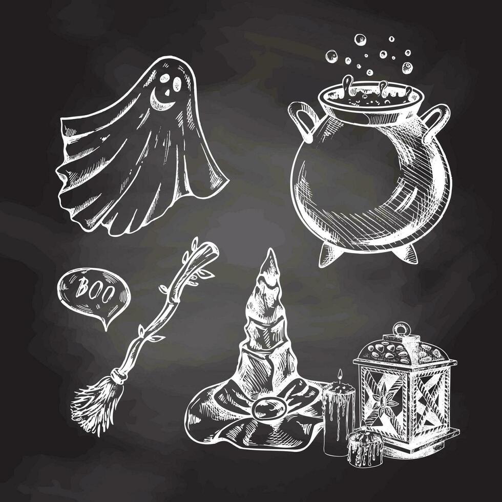 Set of halloween elements in sketch style.  Hand drawn vector pointed hat, pumpkin, cauldron, lantern, candles and ghost isolated on chalkboard  background.