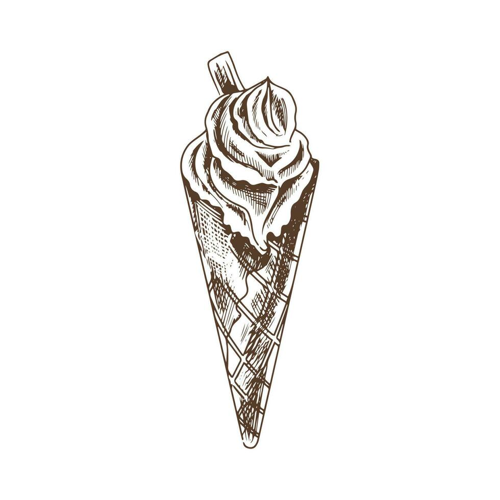 A hand-drawn sketch of a waffle cone with frozen yogurt or soft ice cream. Vintage illustration. Element for the design of labels, packaging and postcards. vector