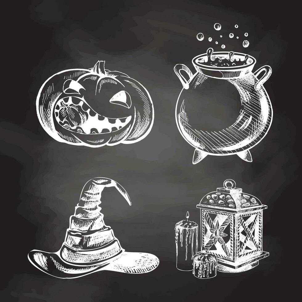 Set of halloween elements in sketch style. Hand drawn vector pointed hat, pumpkin, cauldron, lantern and candles  isolated on chalkboard  background.