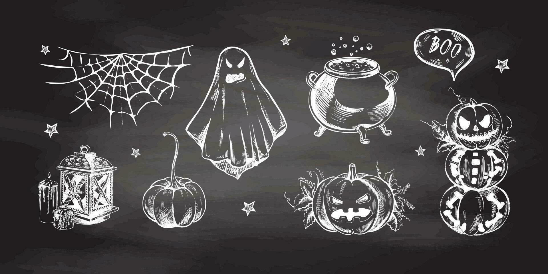 Set of halloween elements in sketch style. Hand drawn vector pumpkins, cauldron,  spider web,  ghost and lantern with candles  isolated on chalkboard  background.