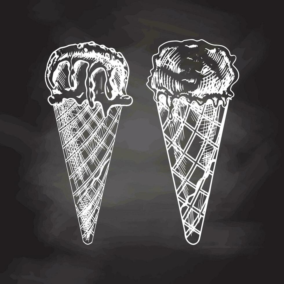 Hand-drawn sketch of a waffle cones with frozen yogurt or soft ice cream isolated on chalkboard background, white drawing. Vector vintage engraved illustration