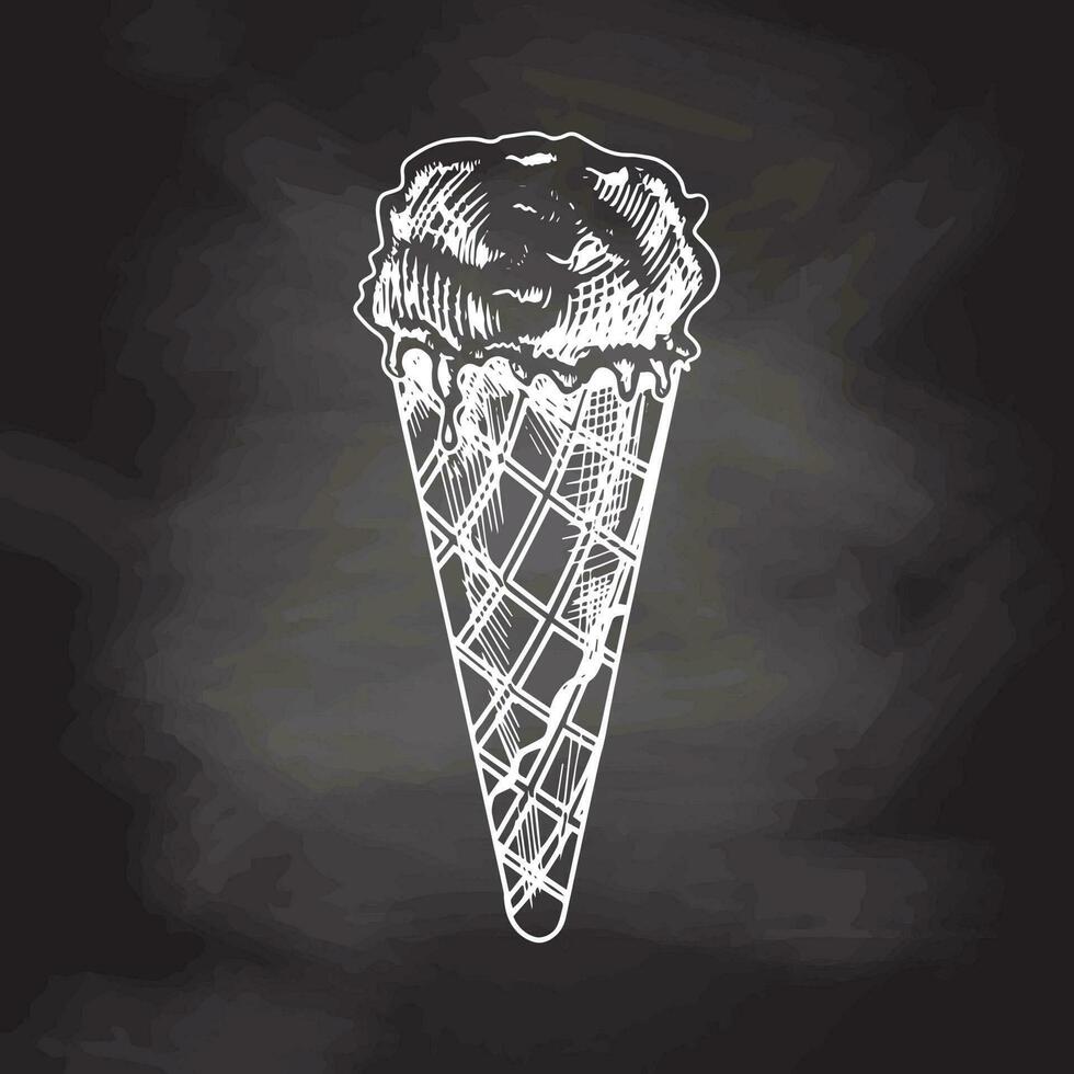 Hand-drawn sketch of a waffle cone with frozen yogurt or soft ice cream isolated on chalkboard background, white drawing. Vector vintage engraved illustration