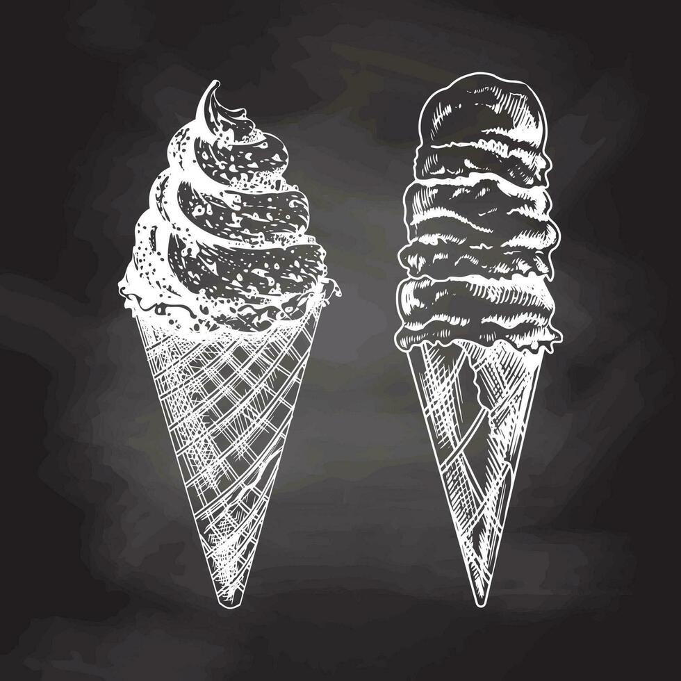 Hand-drawn sketch of a waffle cones with frozen yogurt or soft ice cream isolated on chalkboard background, white drawing. Vector vintage engraved illustration