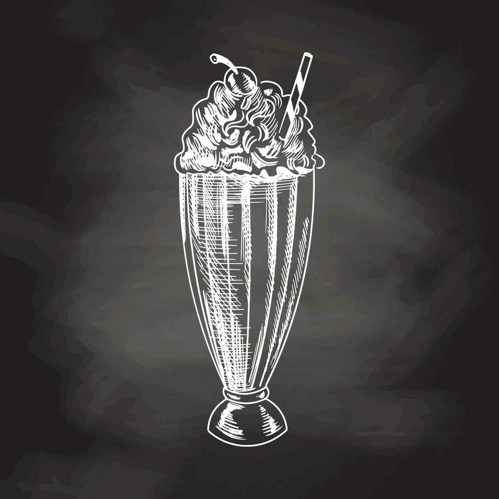 A hand-drawn sketch of glass of chocolate milkshake isolated on chalkboard background. Vintage, doodle illustration. Element for the design of labels, packaging and postcards. vector