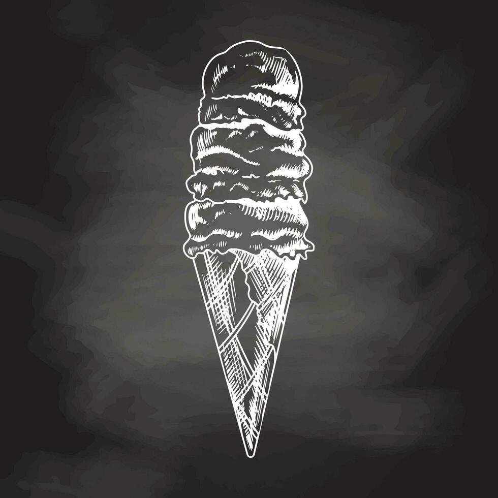 dibujado a mano bosquejo de un gofre cono con congelado yogur o suave hielo crema aislado en pizarra fondo, blanco dibujo. vector Clásico grabado ilustración