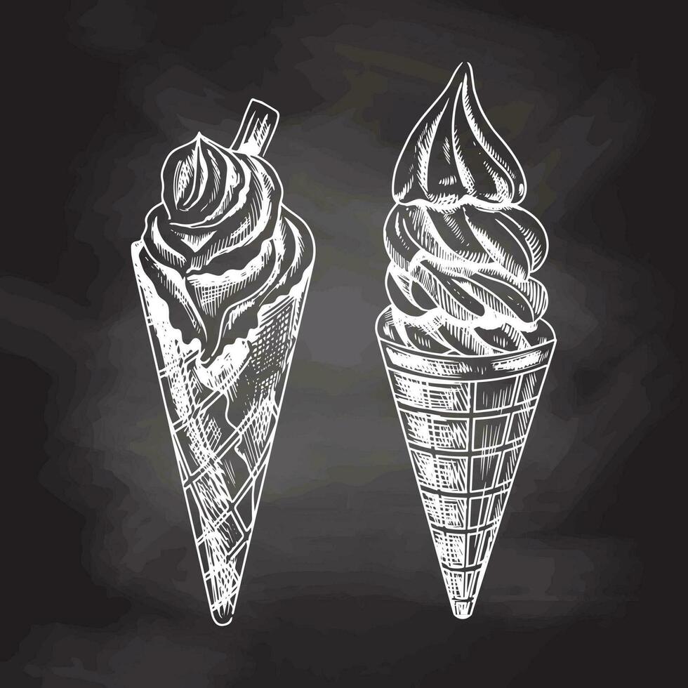 Hand-drawn sketch of a waffle cones with frozen yogurt or soft ice cream isolated on chalkboard background, white drawing. Vector vintage engraved illustration