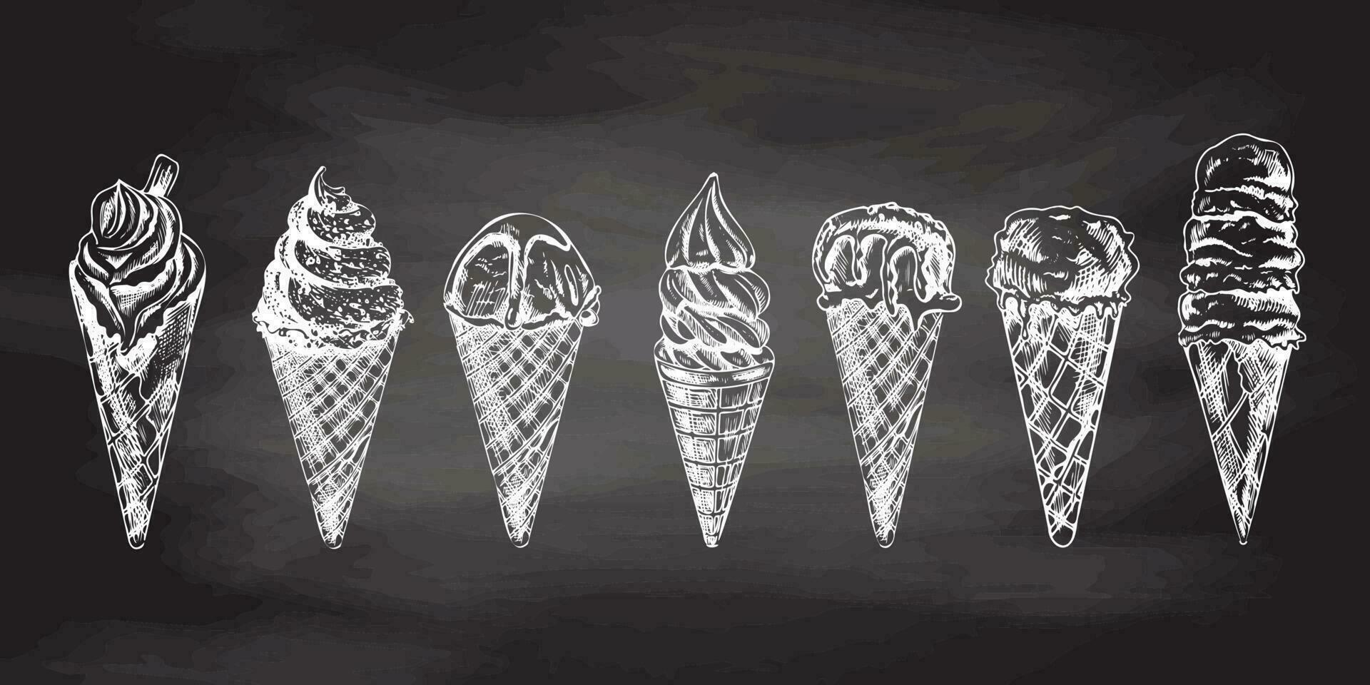 Hand-drawn sketch of waffle cones with ice cream or frozen yoghurt isolated on chalkboard background, white drawing. Set. Vector vintage engraved illustration.