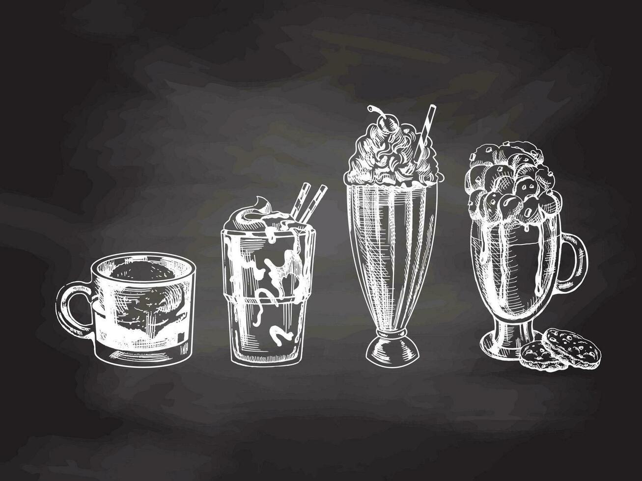 A hand-drawn sketch set of drinks isolated on chalkboard background. Coffee with whipped cream and cookies, milkshake with cream, ice cream,  affogato coffee with ice cream on a glass cup. vector