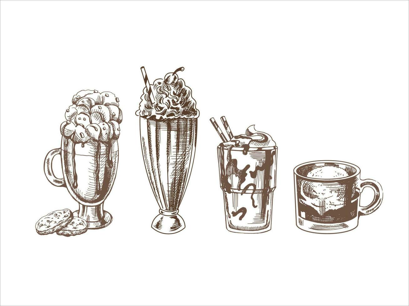 A hand-drawn sketch set of drinks. Coffee with whipped cream and cookies, milkshake with cream, ice cream,  affogato coffee with ice cream on a glass cup. vector