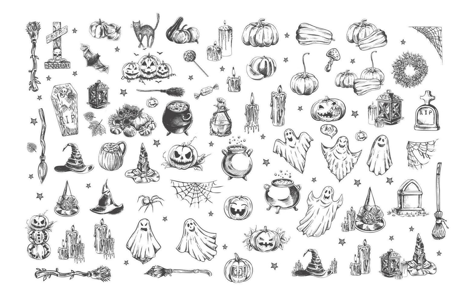 Big set of halloween elements in sketch style. Design of witch, ghost, creepy and spooky elements for halloween decorations, sketch, icon. Hand drawn vector isolated on white  background.