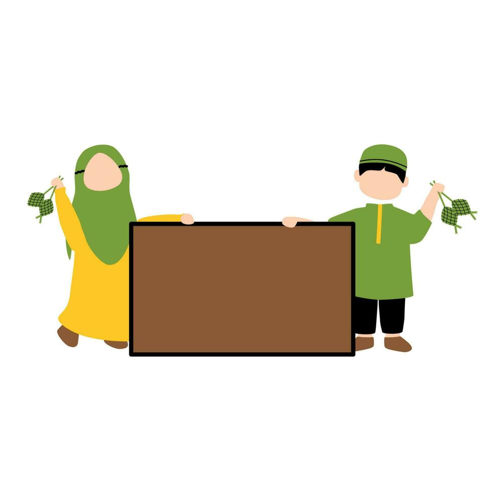 Muslim children holding board sign and ketupat eid mubarak vector