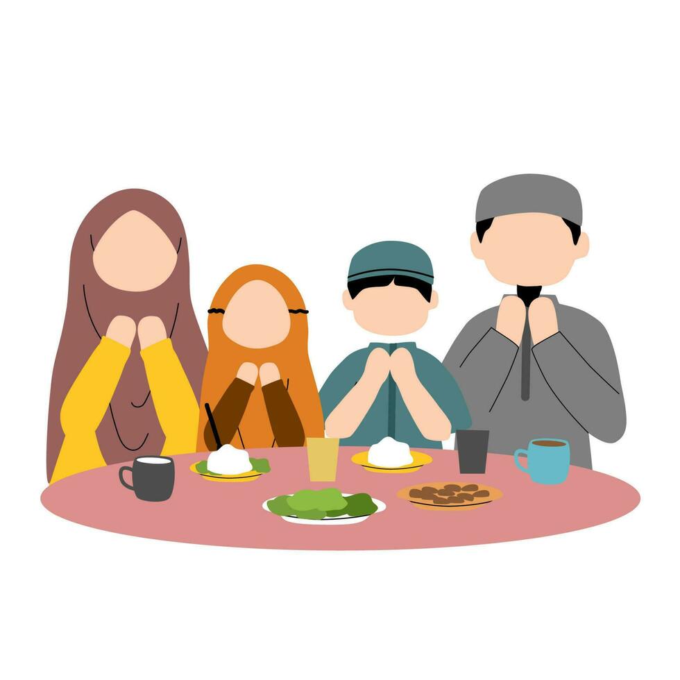 musulmán familia Orando antes de comer vector