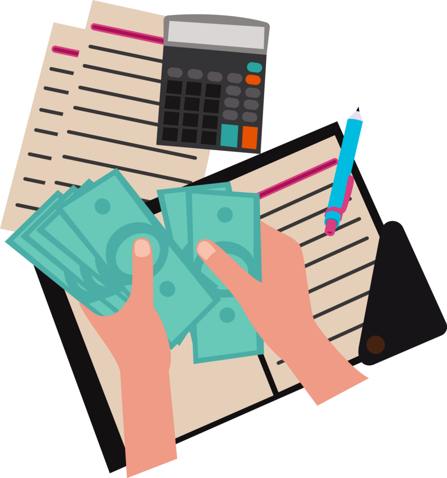 investment calculate. hand holding dollar bill and business document graphics. investment concept png