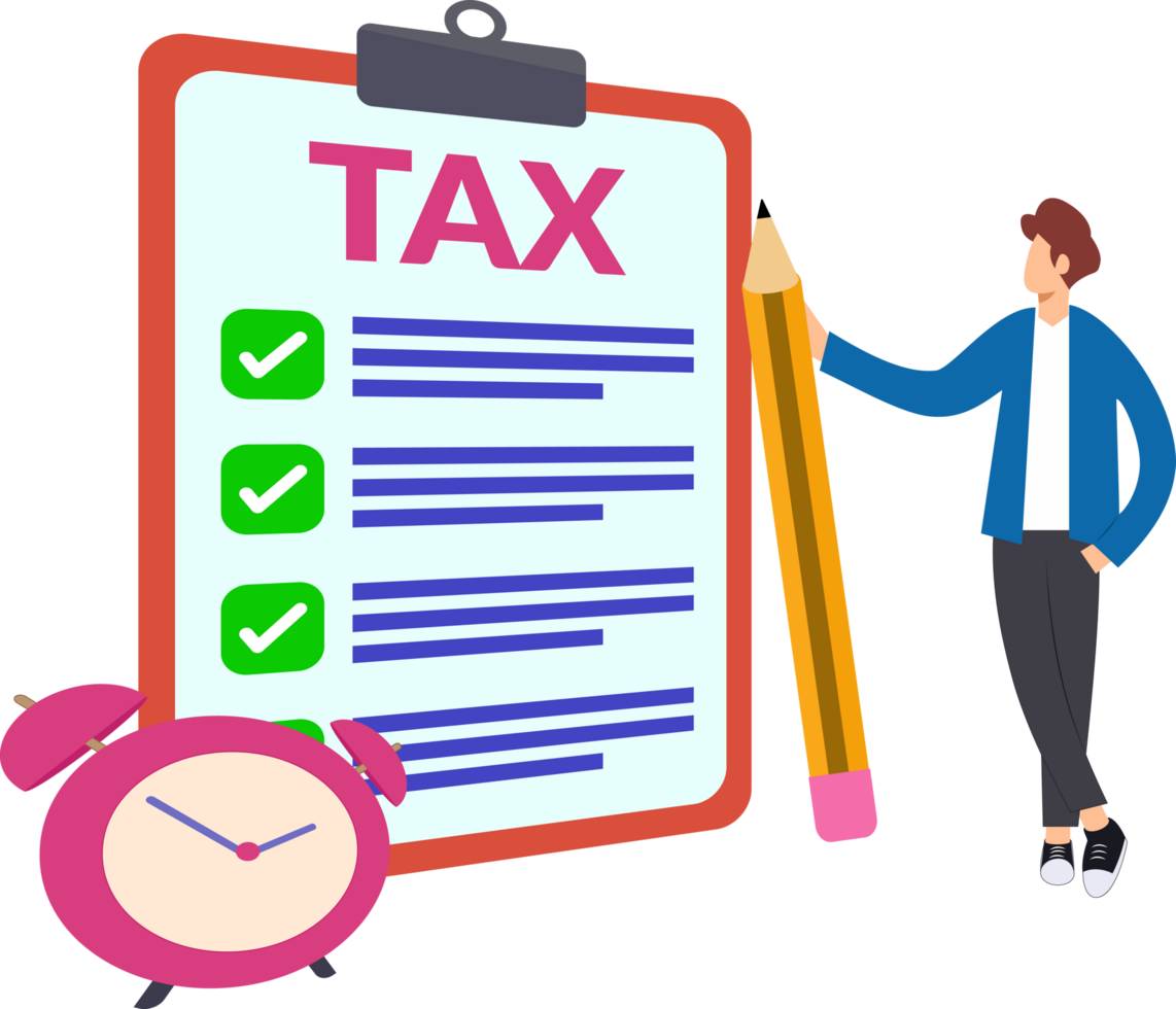 man filling tax papers. illustration of cartoon man filling tax form on time. man standing in front of large form paper png