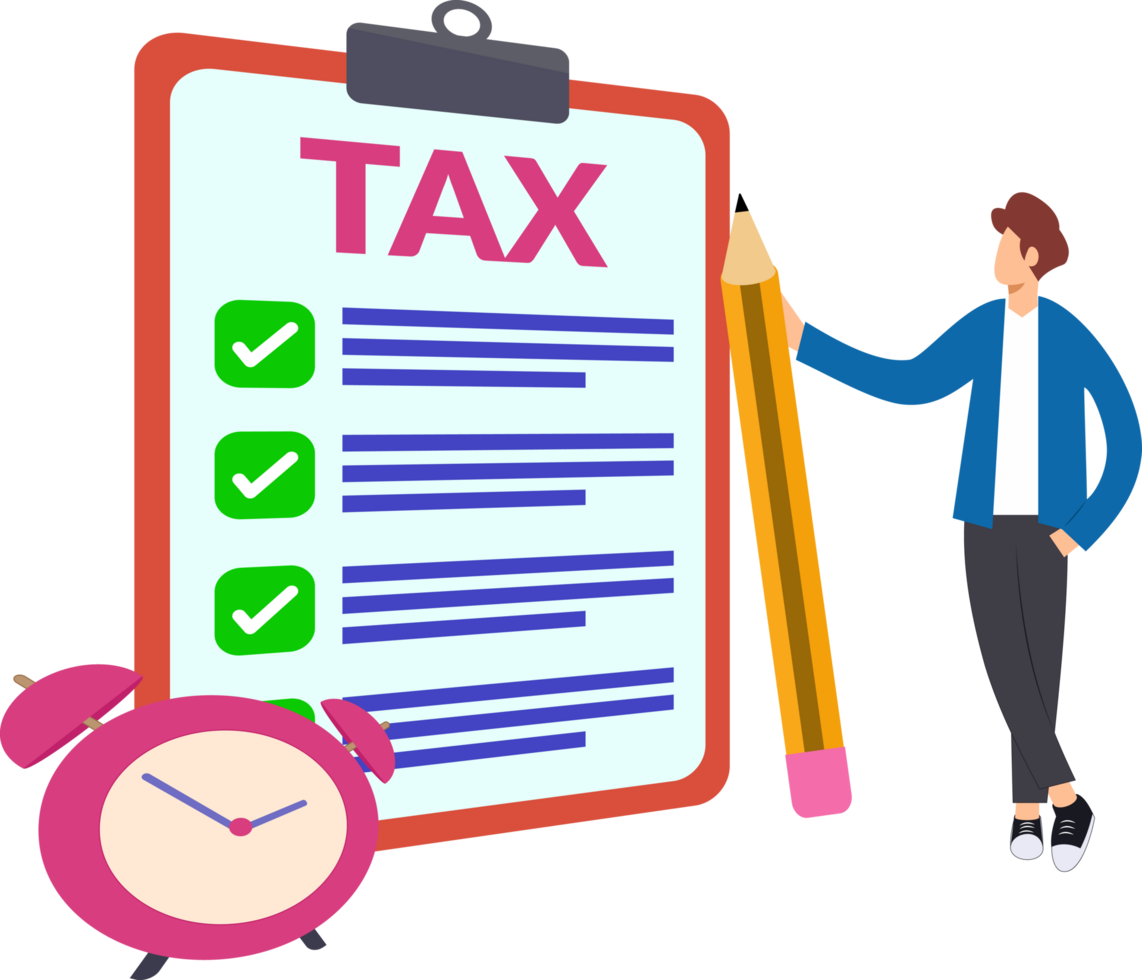 man filling tax papers. illustration of cartoon man filling tax form on time. man standing in front of large form paper png