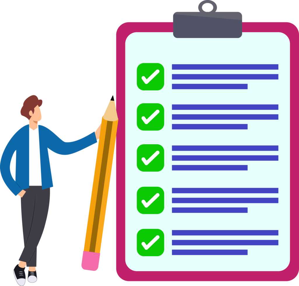 man standing in front of large form paper. illustration of cartoon man filling out a form. task management completion png