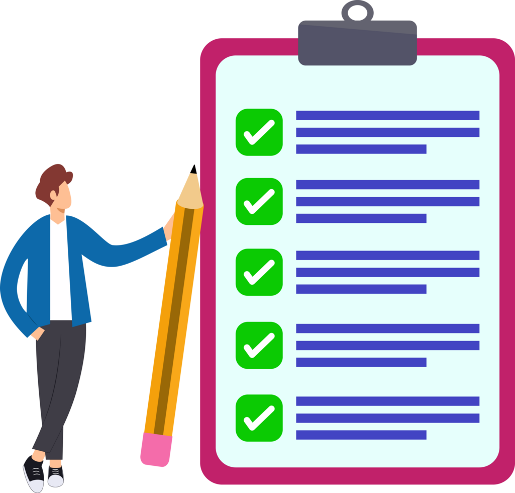 man standing in front of large form paper. illustration of cartoon man filling out a form. task management completion png