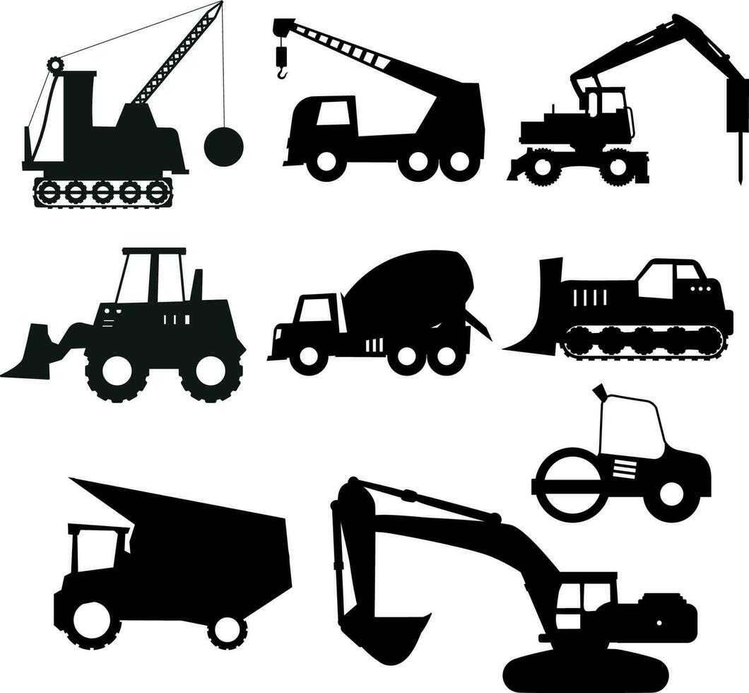 Set of differents constructions vehicles icons, silhouette vector illustration