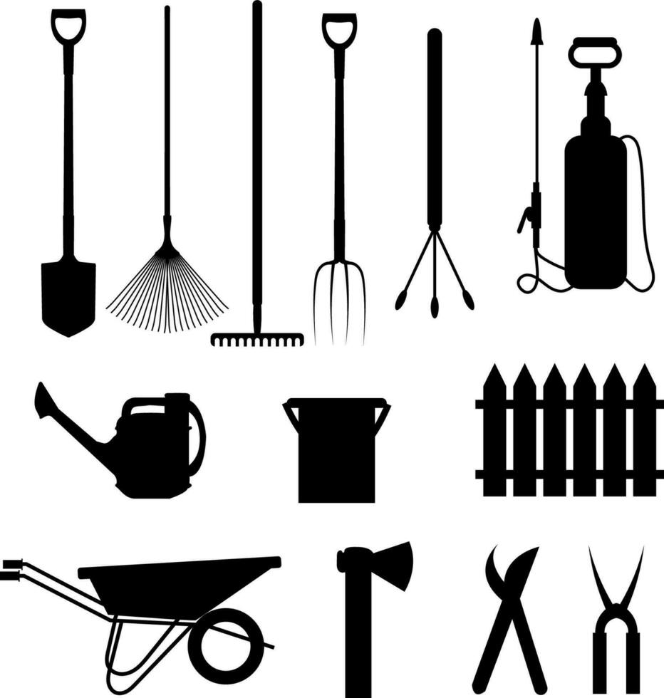 Set of differents garden tools silhouette vector illustration