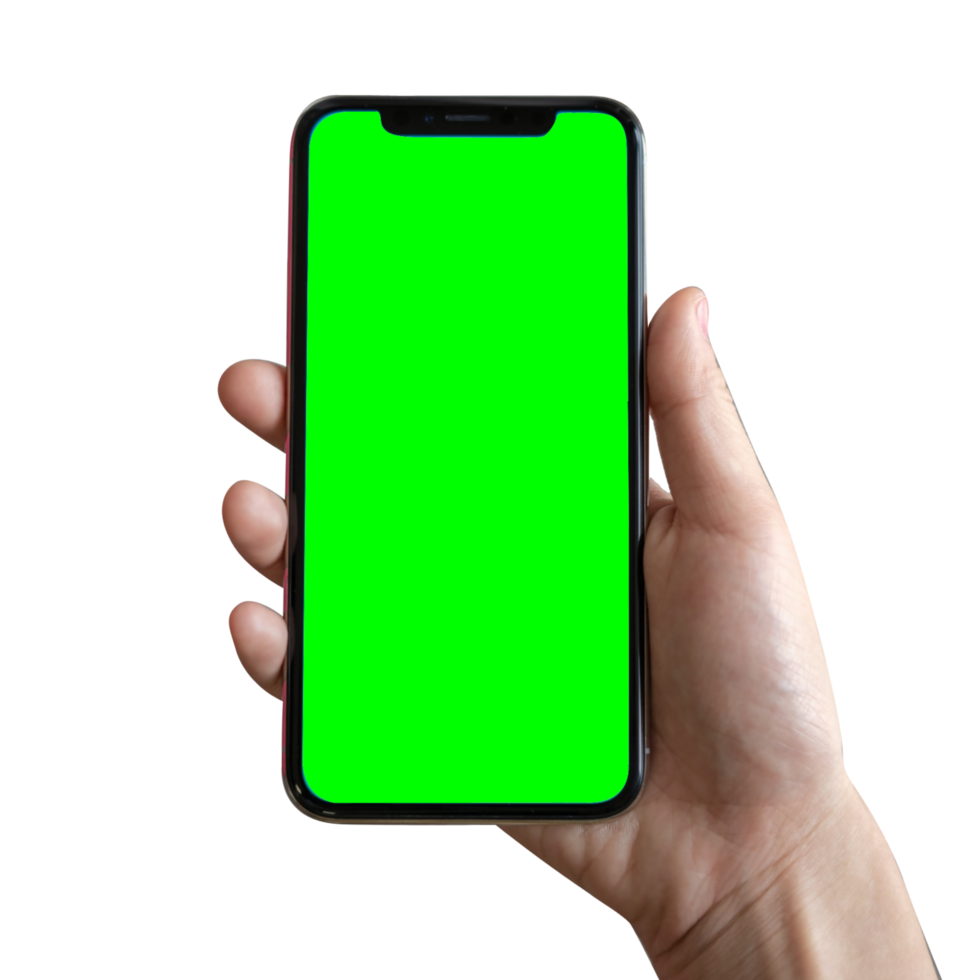 hand holding black smartphone green screen png