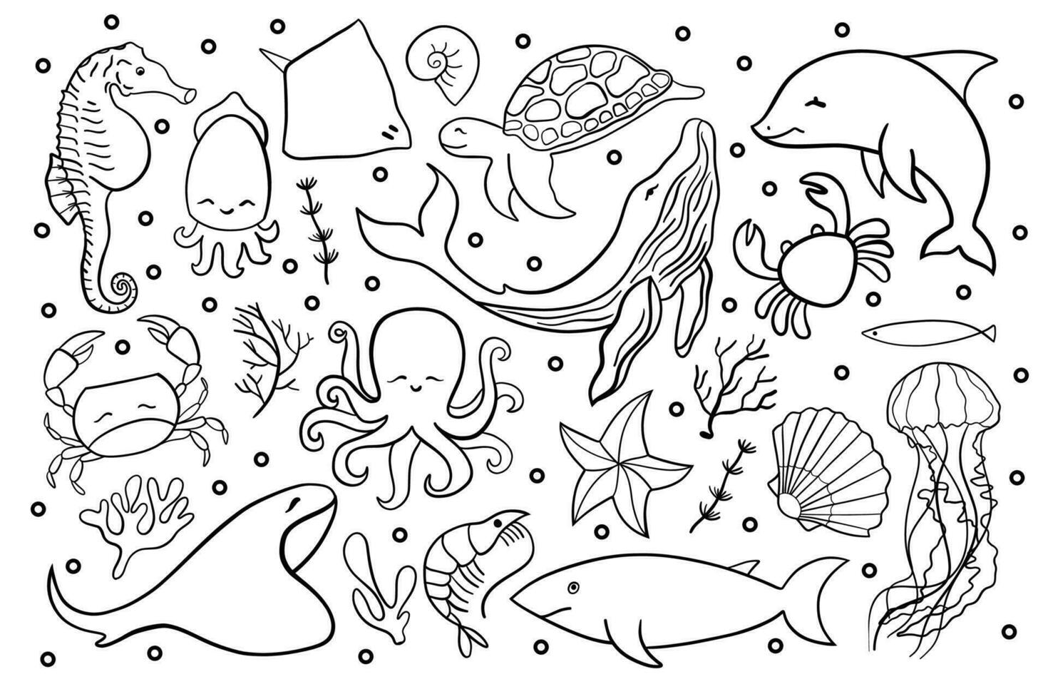 Set with hand drawn sea life elements. Vector doodle cartoon set of marine life objects for your design.
