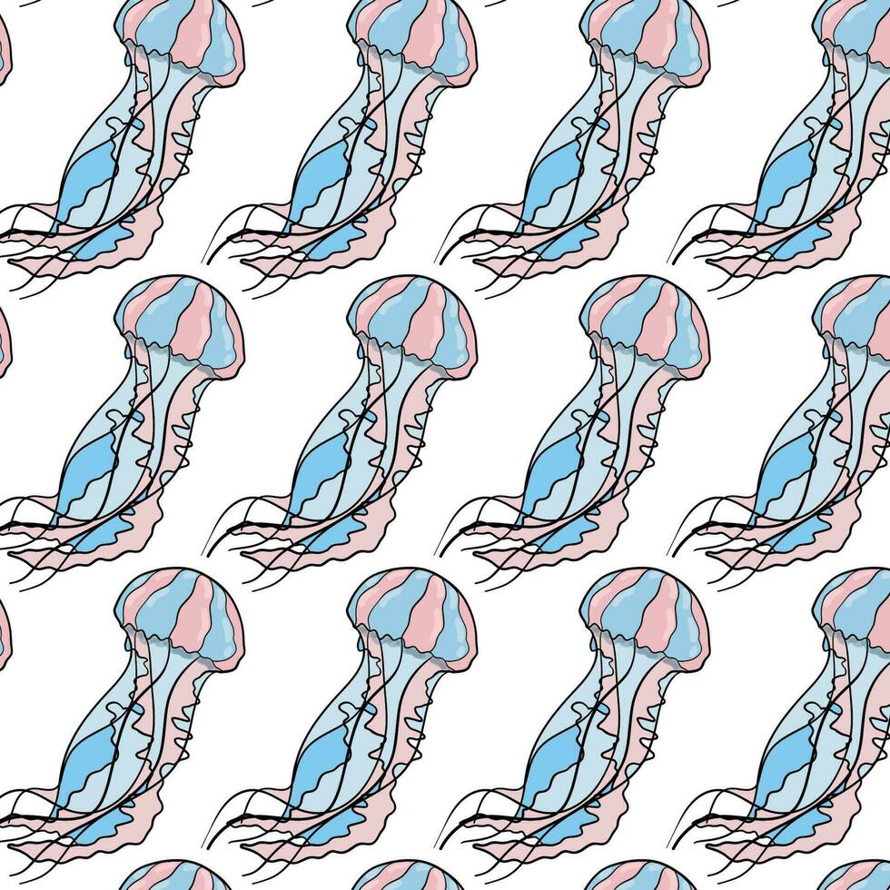 Vector abstract seamless pattern on the theme of the sea, travel, adventure and discovery. Vintage repeat background with hand drawn jellyfish sketches