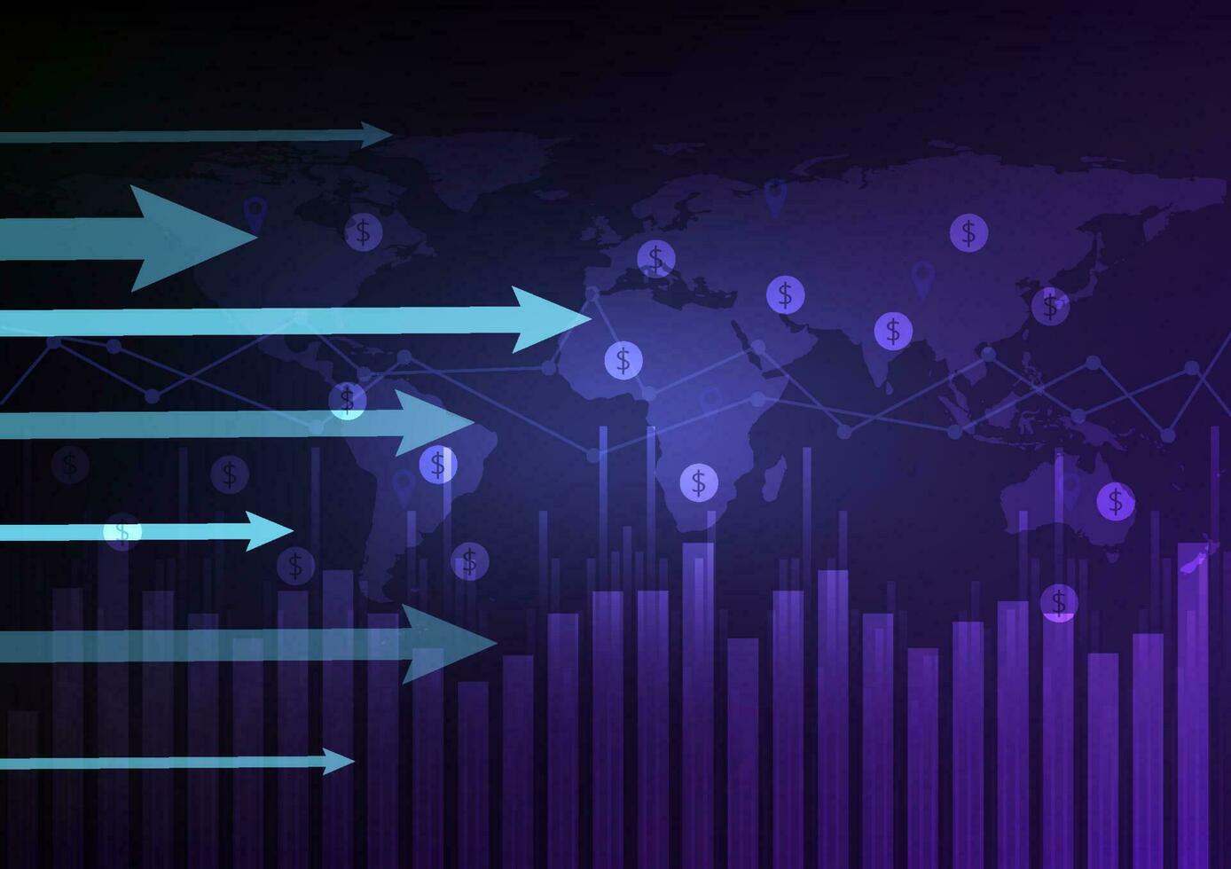 Business arrow and stick graph on world map background. Chart of global marketing investment trend vector illustration. Blue theme concept.