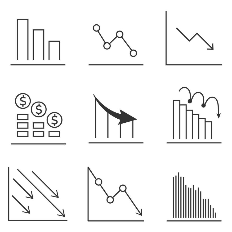 Decrease graph icon. Declining business report symbol. Linear stroke line chart graphic vector illustrator.