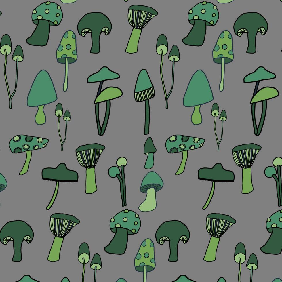 Seamless mushroom doodle pattern. Green tone on grey background. Vector illustration. Pattern in swatches.