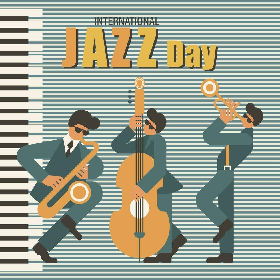 Vintage poster for International Jazz Day. Musicians with saxophone, double bass and trumpet. Retro poster, banner, flyer, vector