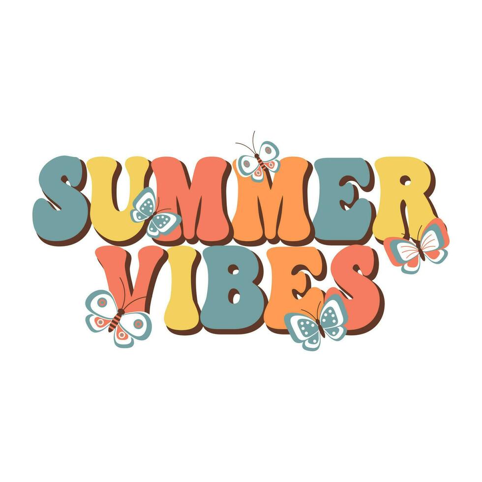 Lettering Summer vibes with butterflies on a white background. Hippie calligraphy inscription, phrase. Retro 70s atmosphere, groove element. Print, postcard, vector