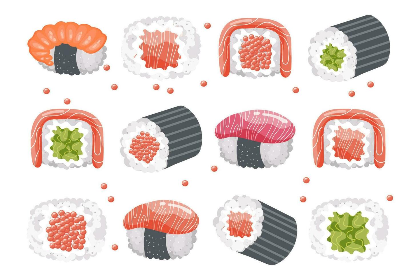 Set of sushi rolls and chopsticks on a white background. Asian food icons, restaurant menu, vector