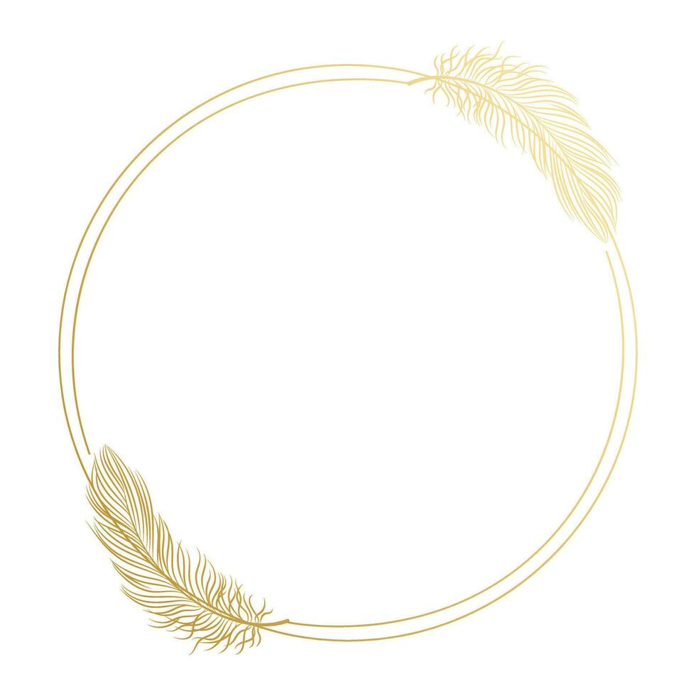 Golden luxury frame with bird feathers isolated on white background. Design for invitations, cards, vector