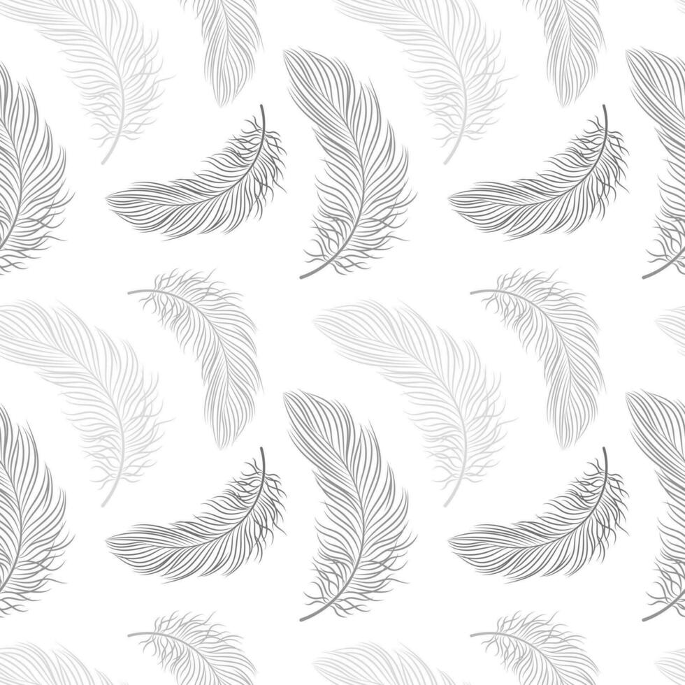 Seamless pattern with delicate gray feathers on a white background. Background, textile, vector