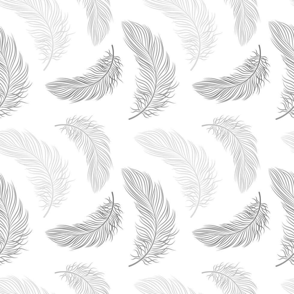 Seamless pattern with delicate gray feathers on a white background. Background, textile, vector