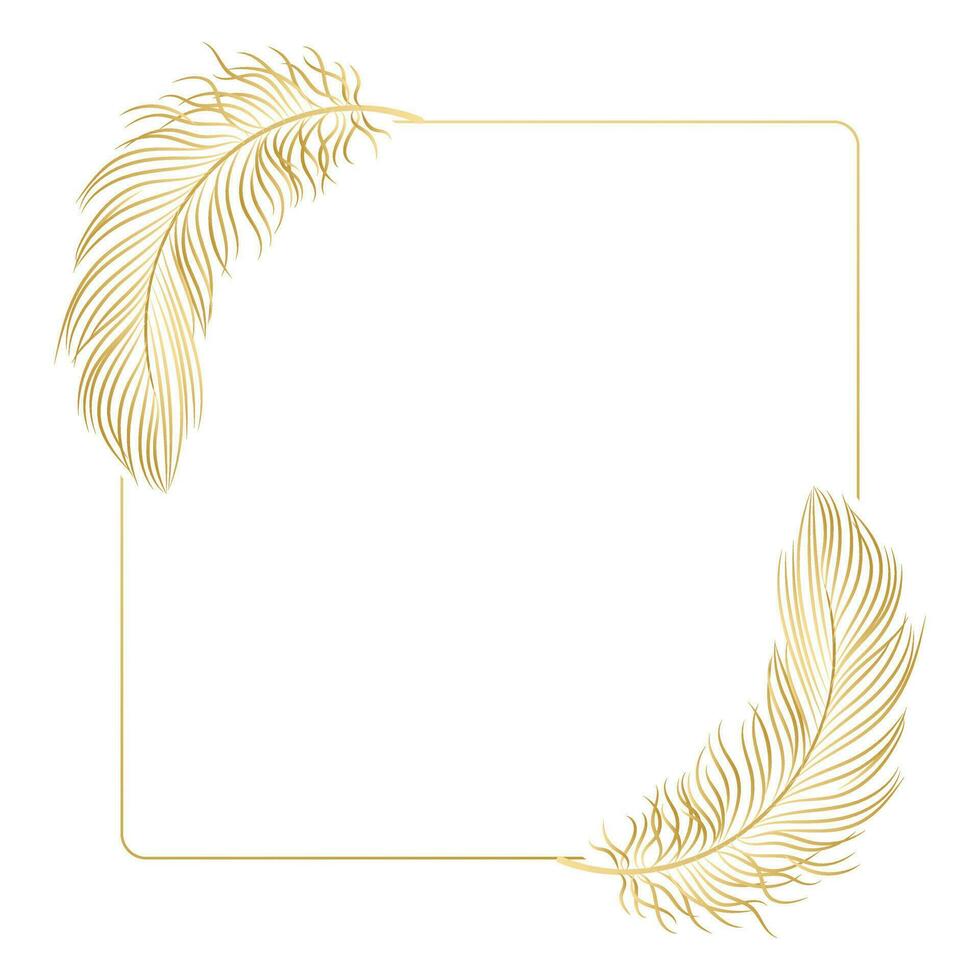Golden luxury frame with bird feathers isolated on white background. Design for invitations, cards, vector