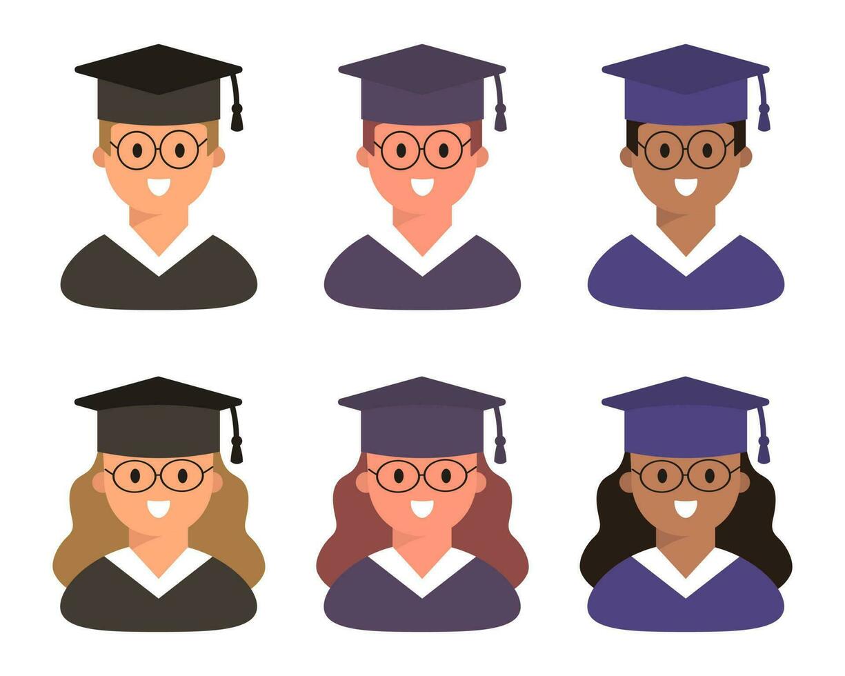 un conjunto de graduado estudiantes avatares. retratos de estudiantes en graduación sombreros. iconos, vector