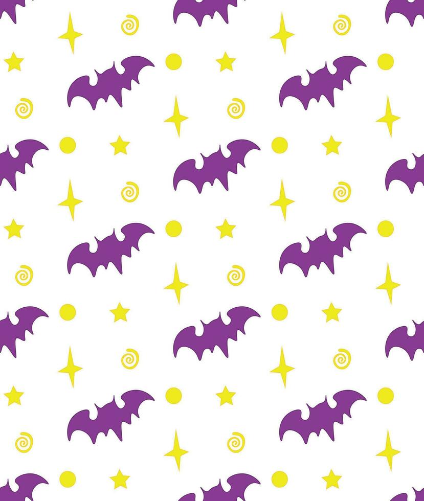 Halloween vector pattern of bat stars, spirals and dots on white background in flat style