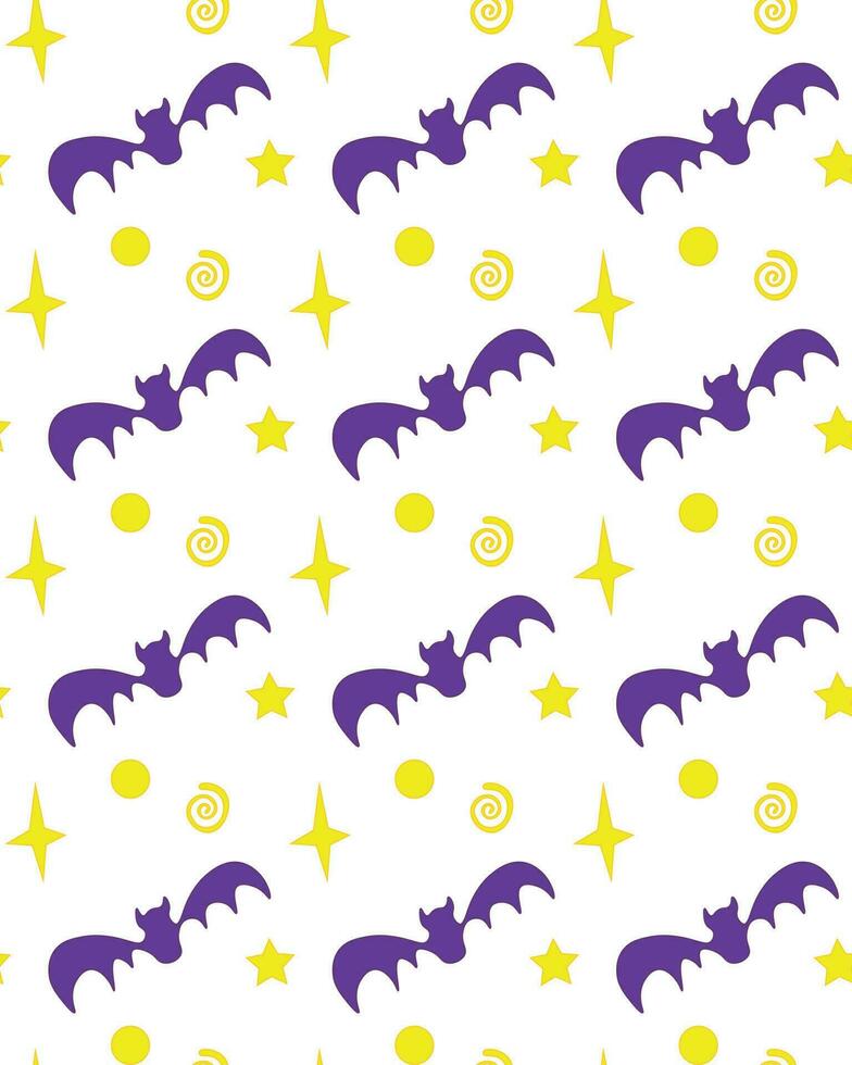 Halloween vector pattern of bat stars, spirals and dots on white background in flat style