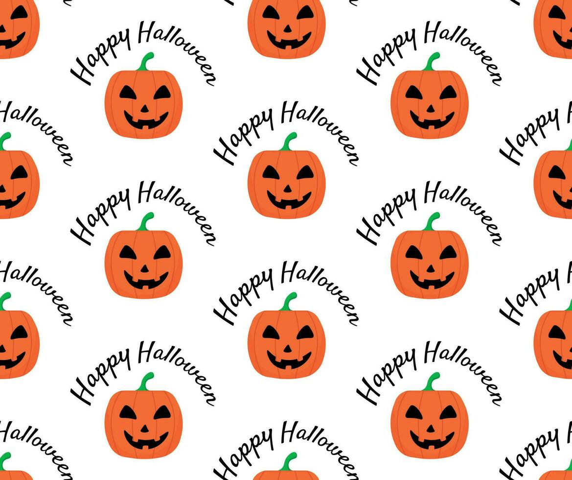 Seamless pattern with smiling pumpkin lantern and happy halloween lettering. Vector illustration