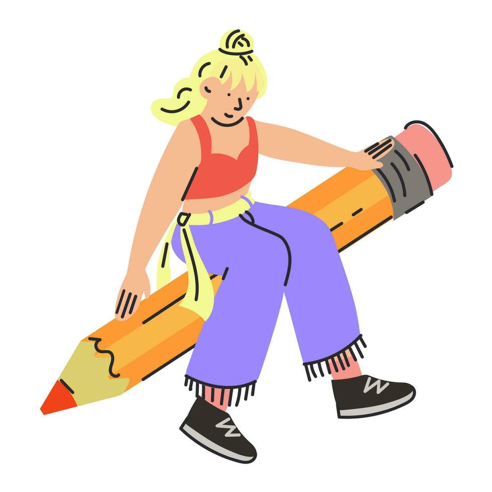 The girl with the big pencil. A young student holds a pencil. Cute funny isolated character. Cartoon style. Hand-drawn vector illustration. Drawing, writing, creation, design, blogging concept. Flat