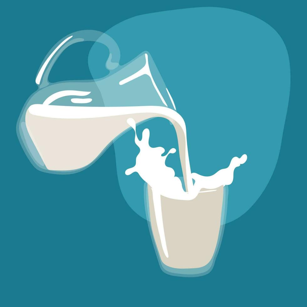 World Milk Day Dairy business. Vector illustration, a glass tumbler and a jug of milk from which milk is poured into a glass. Print a banner a leaflet on a blue background Glass containers with liquid