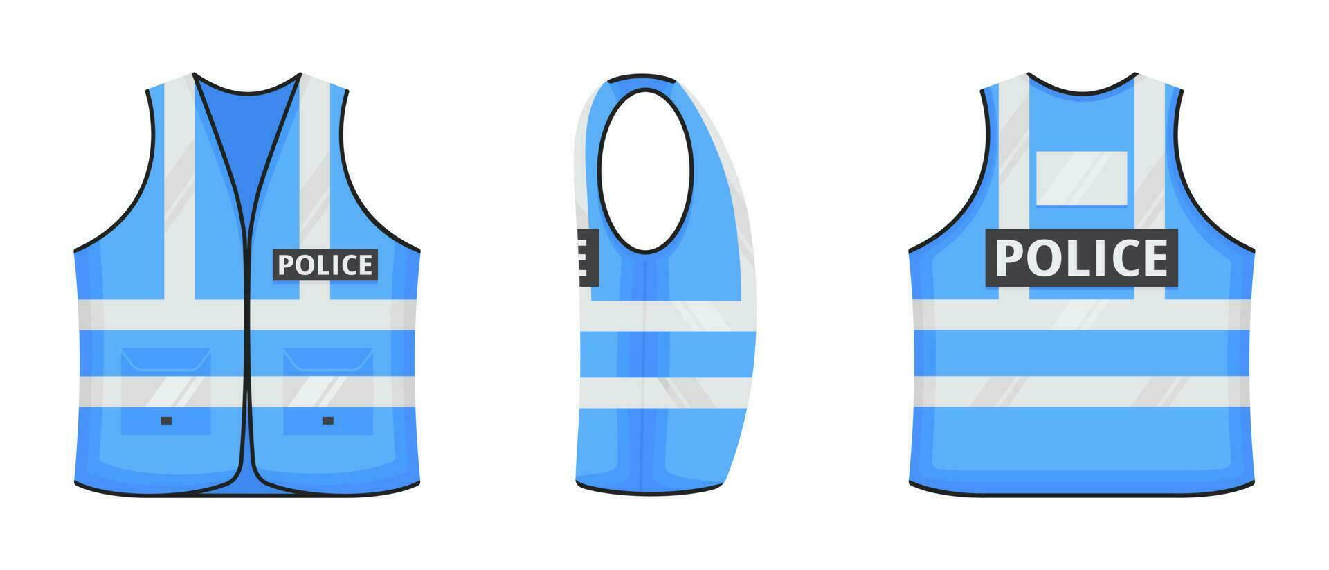 Safety reflective vest with label POLICE tag flat style design vector illustration set.